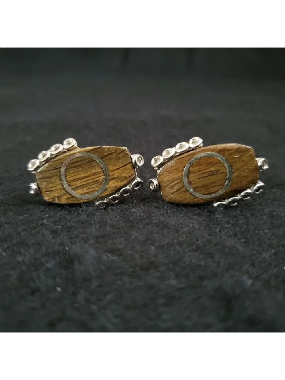 Vintage Swank Cufflinks Silver Tone Brown Wood Inlay 1.25
